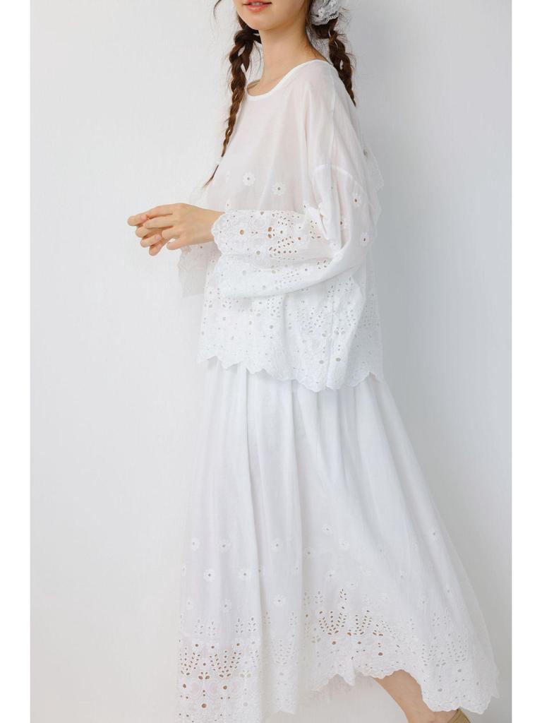 Japanese Literary Embroidered Lace Long Sleeve T-shirt & Skirt Set - Women's Pure Cotton Casual Fashion