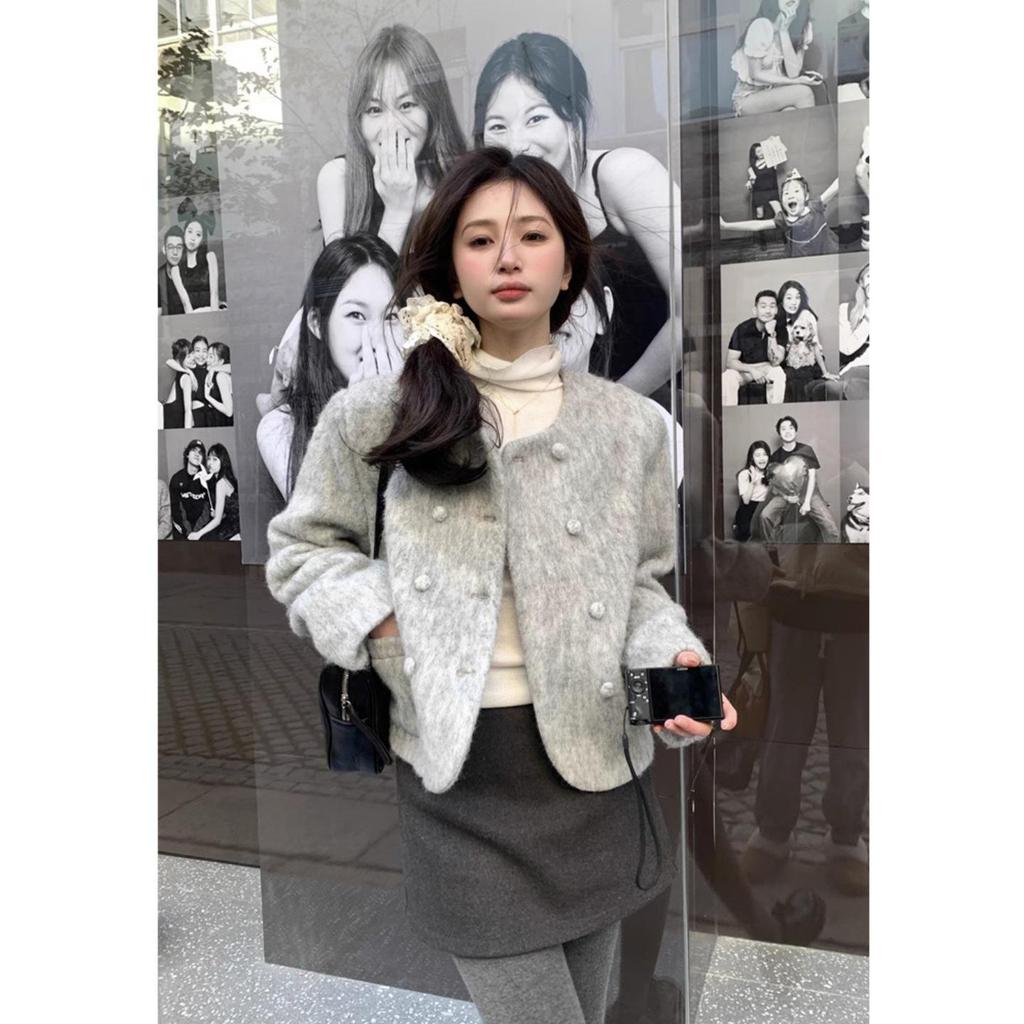 2026 Spring/Autumn High-End Gray Wool Blend Slimming A-Line High-Waisted Midi Skirt - Korean Style for Women