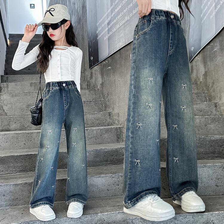 Girls Bow Jeans Pants Spring Kids Elastic Straight Denim Pants Autumn Teen Bowknot Print Wide-leg Trousers Fashion Elastic Pants