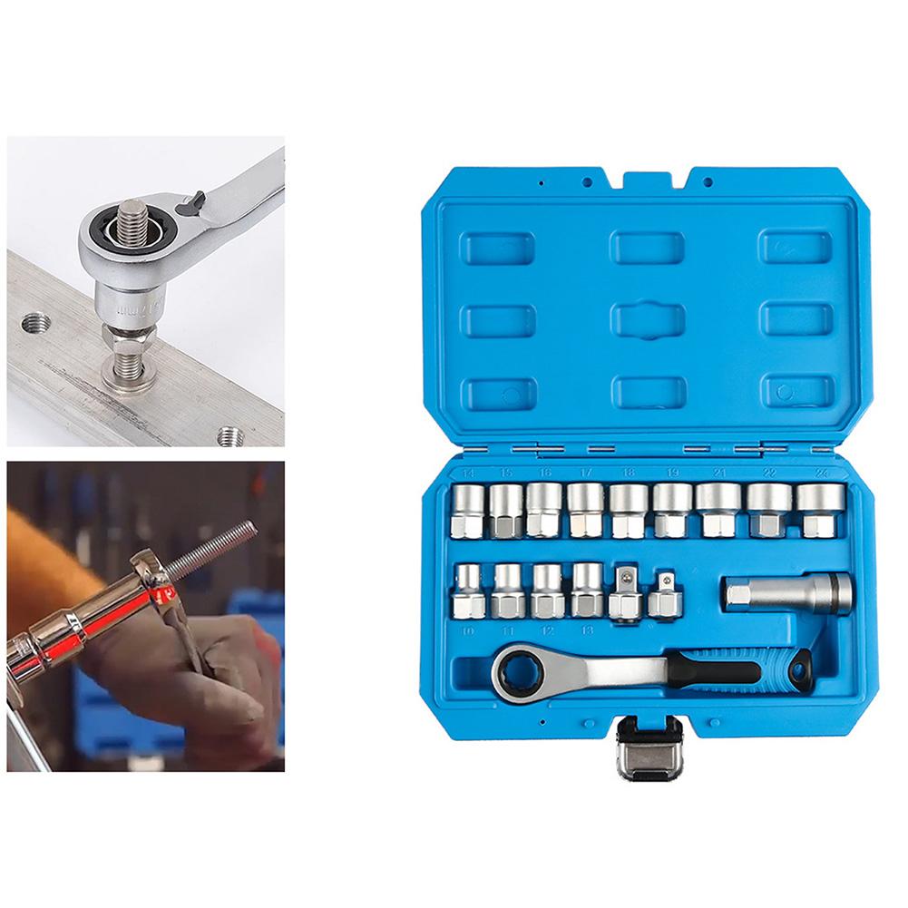 1 Set 17-Piece Pass-Through Socket Set For Chrome Vanadium With Ratchet Hexagonal Plum Blossom Shaped Tool Accessories