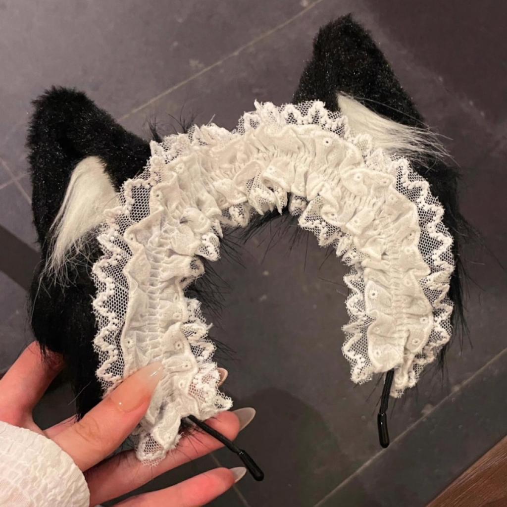 Koronkowa opaska z kocimi uszami dla dziewczynek, akcesoria do włosów, uszy bestii, urocze nakrycie głowy Lolita, kocia opaska, pluszowa spinka do włosów