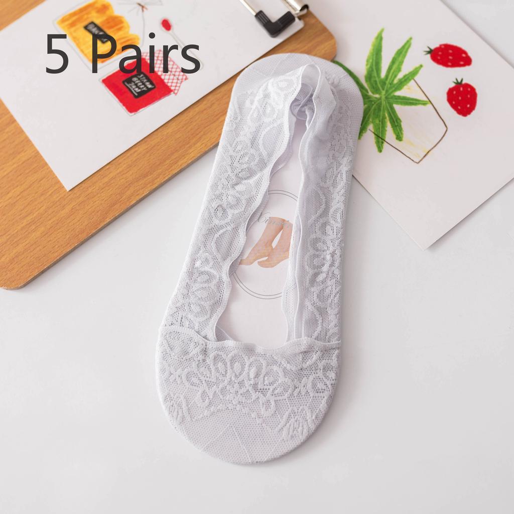5 Pairs Lace Boat Socks Women Shallow Mouth Summer Thin Silicone Non-slip Breathable with Invisible Socks