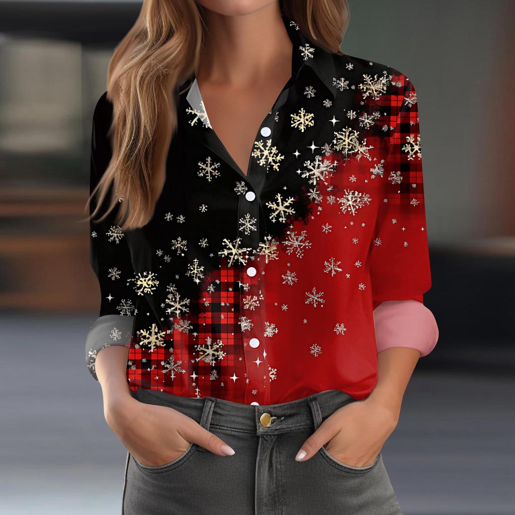 Skjortebluse for kvinner Juletrykkknapp Langermet Casual Basic skjortekrage Vanlig topp