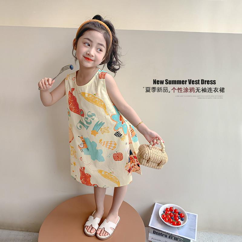 Girls Summer Sweet Princess Sleeveless A Line Dress Cartoon Graffiti Vest Dress For Little And Medium Kids 90