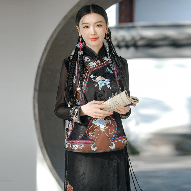 

2024 Осень Этническая женская китайская вышитая куртка без рукавов – Национальный тренд стиль Гэгэ XXL чёрный