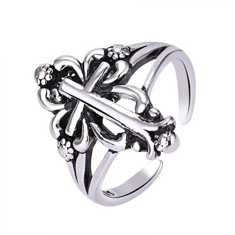 Men Pop Vintage Sterling Silver Cross Open Ring