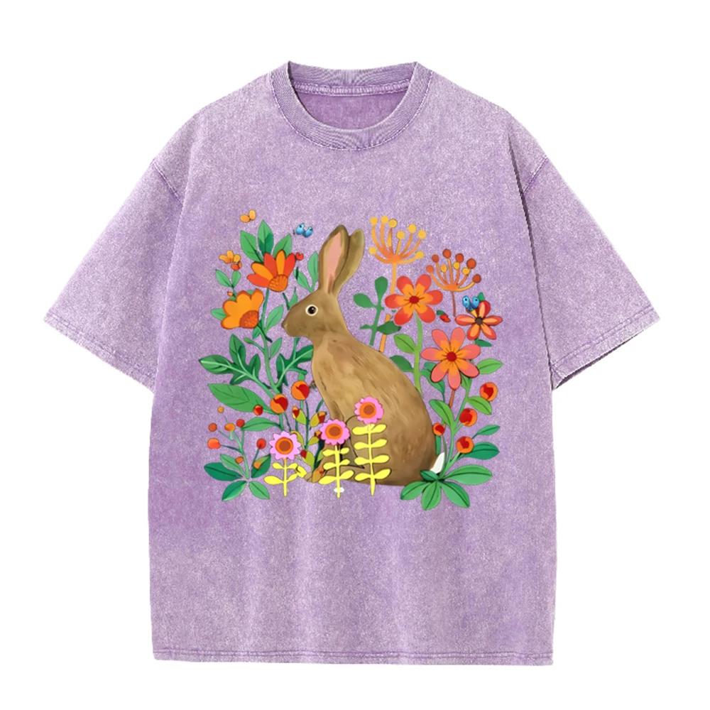 2026 Vintage Floral Wild Rabbit Butterfly Graphic Beige Washed T Shirt Countryside Garden Cute Animal Casual Oversized Unisex Sh
