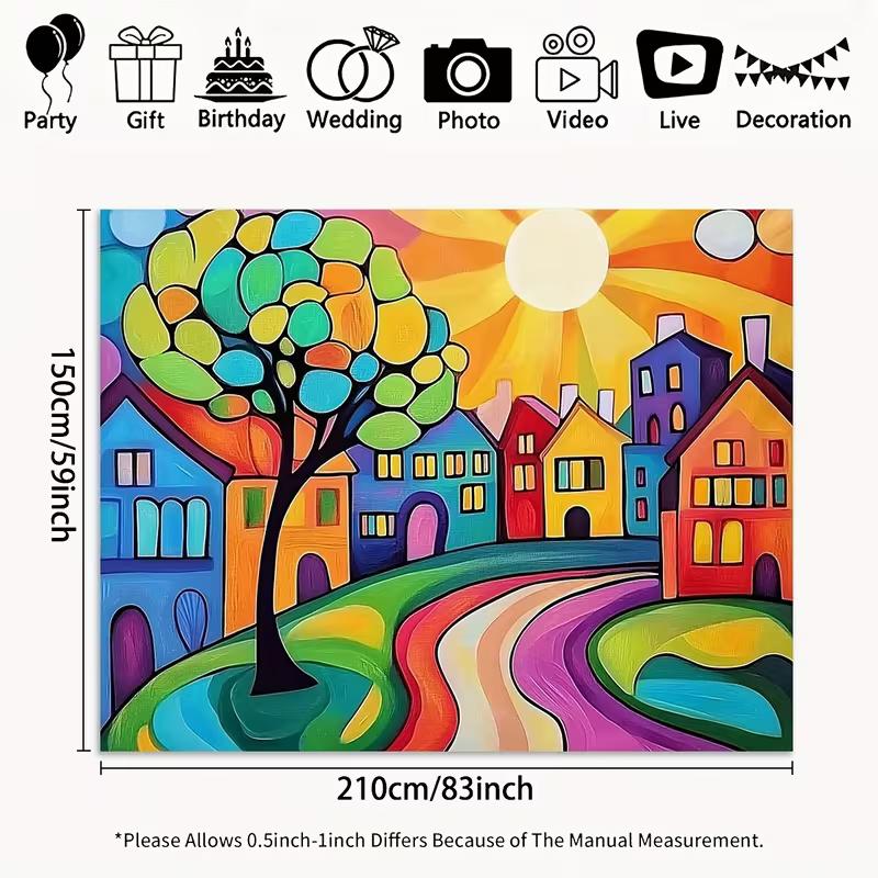 2D Vibrant Cartoon Street Backdrop Colorful Houses Sunlight Party Decor Background Cloth