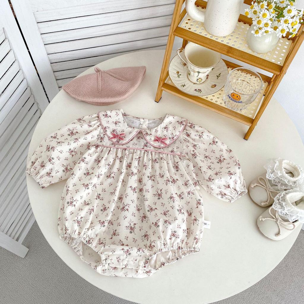 Sweet Floral Baby Girl Long Sleeve Bodysuit Cute Spring Romper For 100 Days Celebration