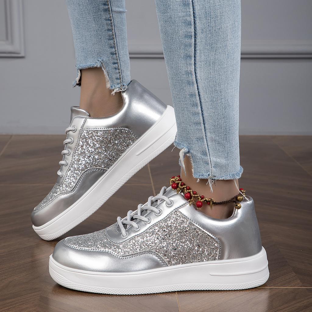 Four Season Women Flats Sneakers Silver Patent Leather Outdoor Walking Shoes Chaussure Femme Soft Vulcanized Shoes Loafers