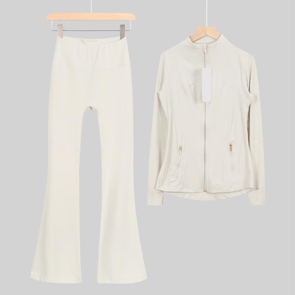 In Stock: Women's Gold Jacket & Flare Pants - High Stretch, Slimming Sports Yoga Set