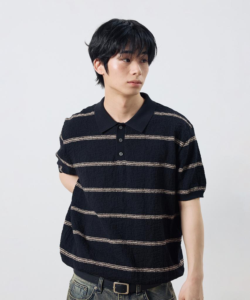 Dibsenseu Striped Boucle Collar Short Sleeve Knit