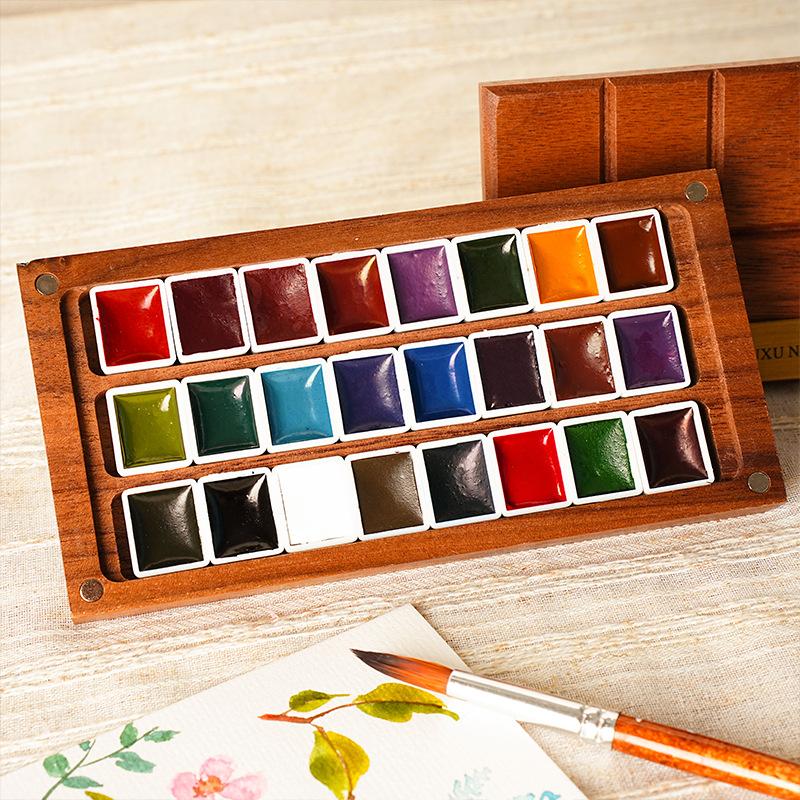 24 color walnut wood portable paint box, Solid wood watercolor paint box, Chocolate watercolor nail art color and box