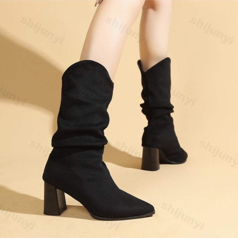 Women's Cowboy Boots Autumn Winter New Non Slip Pointed Toe Comfortable Medium Shoes Height Increase Fashion Vintage Short Boots