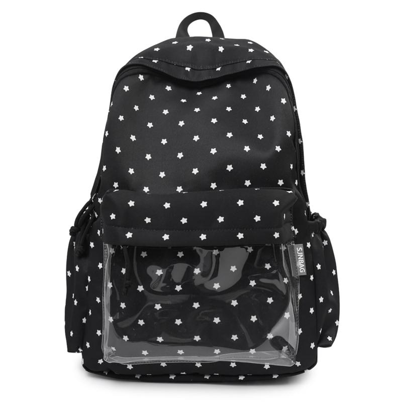 Cute Star Print Backpack for Women & Girls – Transparent Front Pocket, Lightweight Design – Perfect for School, Travel & Daily Use