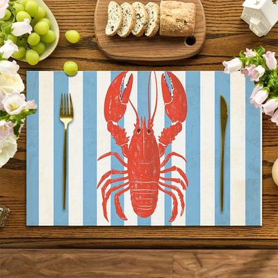 4pcs Red Lobster Print Placemats - Washable Polyester, Blue and White Striped Background, Suitable for Holiday Parties and Home Decor