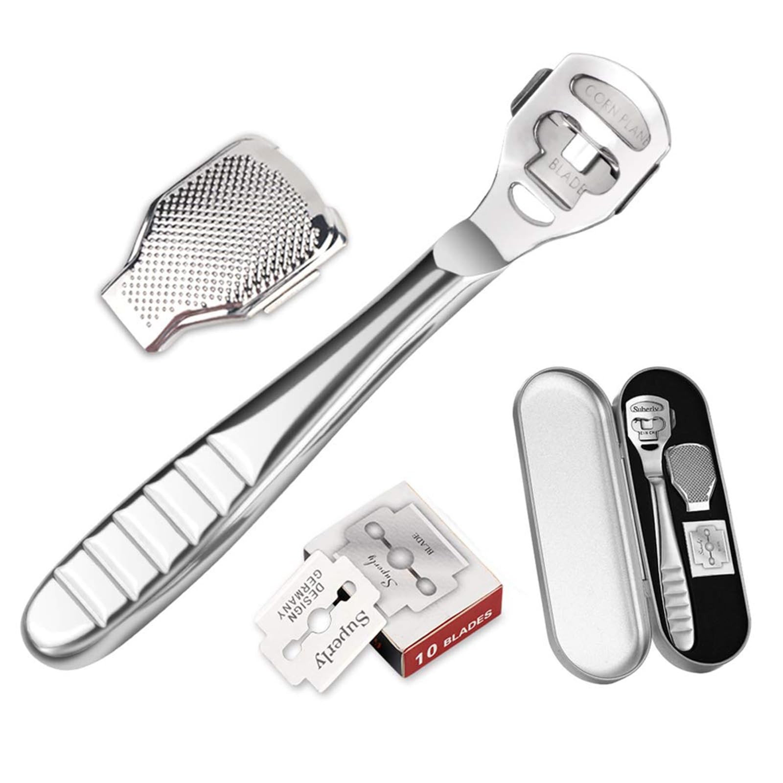 

Samcos Callus Remover and Corn Remover Stainless Steel Foot Care Cleans Soles and Removes Dead Foot Care Tool with 10 Replacement Blades Set, Skin,