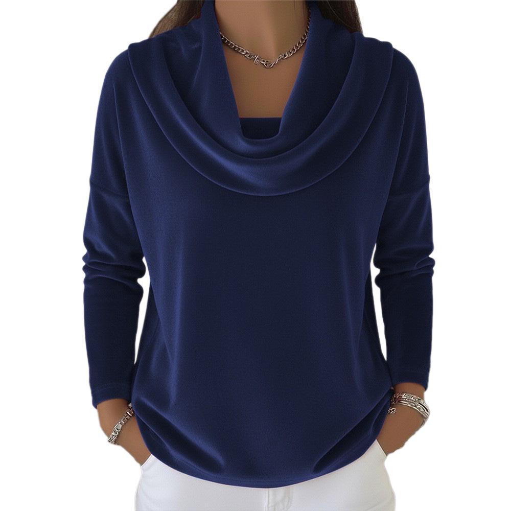 New Autumn-winter Women's Pure-color Long-sleeved Gathered-neck Velvet Top with Loose Fit for Slimming Effect and Suitable for Business Wear.