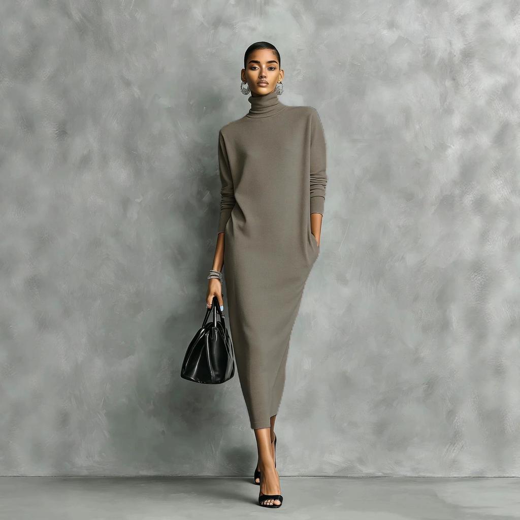 Women's Turtleneck Long Sleeve Side Slit Knit Midi Dress Solid Color Casual Dress