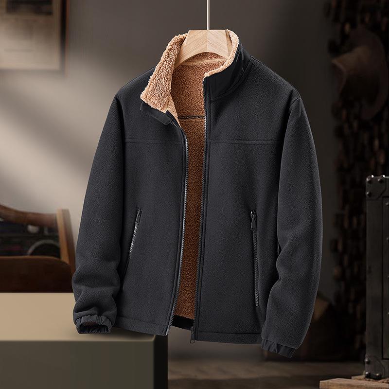 2025 Men's Stand Collar Fleece Jacket for Autumn/Winter - Solid Color, Extra Warmth, Ideal for Middle-aged and Elderly
