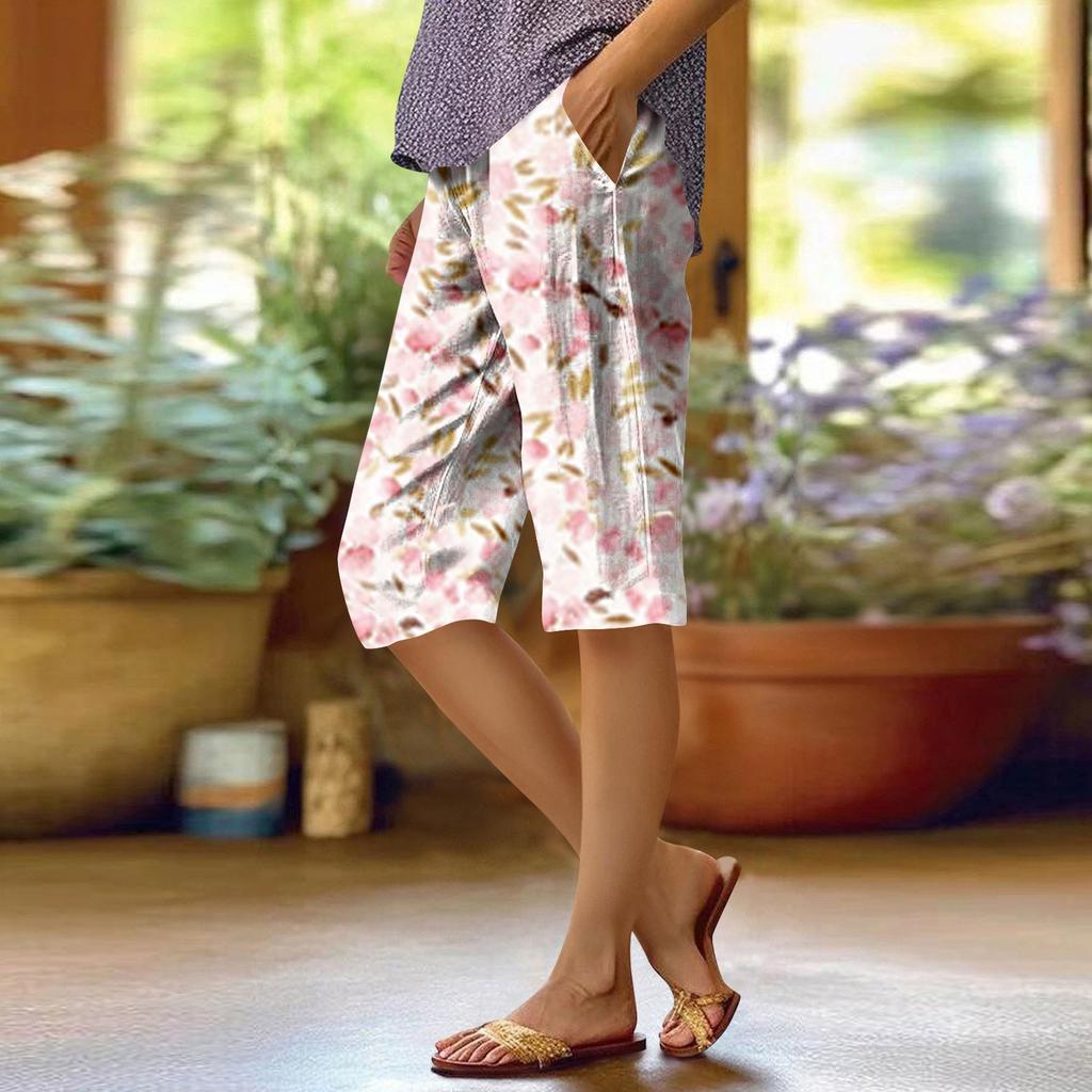 Women's Fashion Printed Pocket Elastic Waist Casual 5/10 Pants