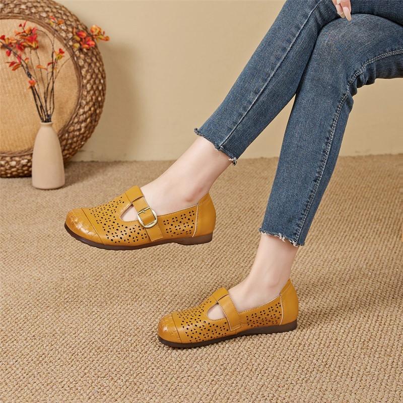Women's Sandals Shoe Flat and Comfortable HoleHole Mary Jane Shoes Women Genuine Leather Summer Hollow Out Female Shoes
