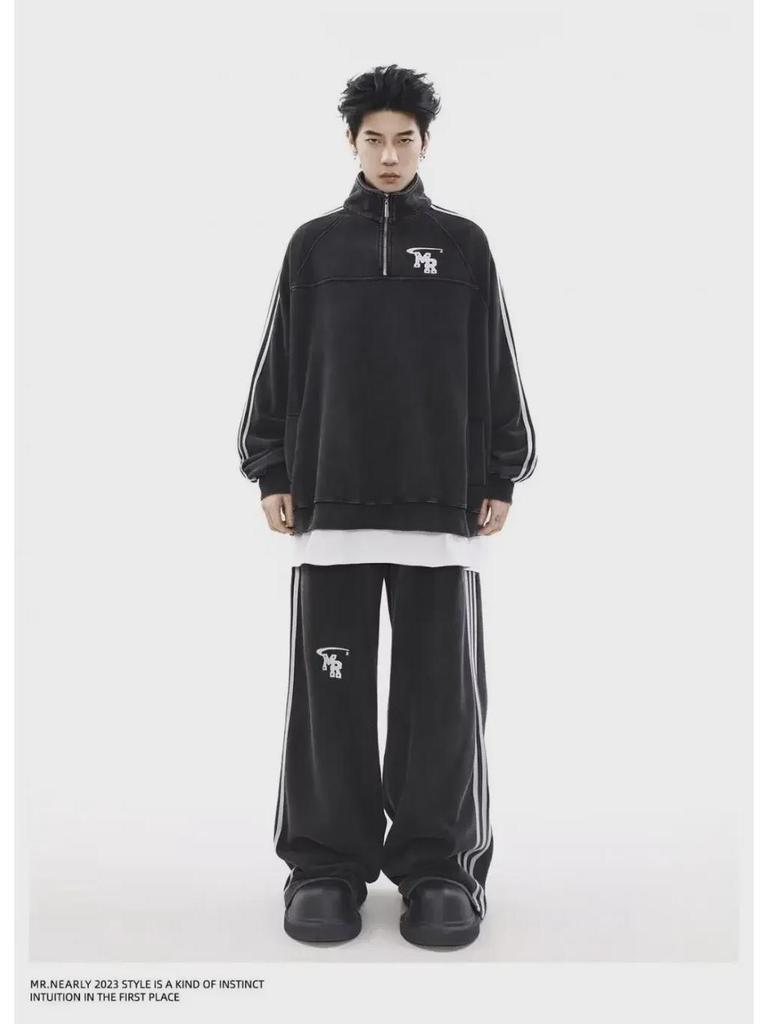 Men's Autumn American Retro Sports Suit: High-Street Stand-Up Collar Sweater and Trousers Two-Piece Set