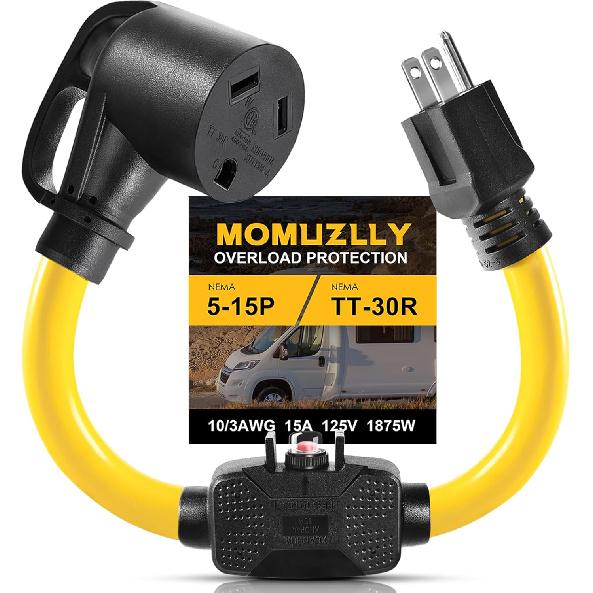 30 Amp to 110 RV Power Adapter Cord with Overload Protector Circuit Breaker, 30 Amp to 15 Amp/ 20 Amp NEMA 5-15P Male Household Plug to TT-30R Female