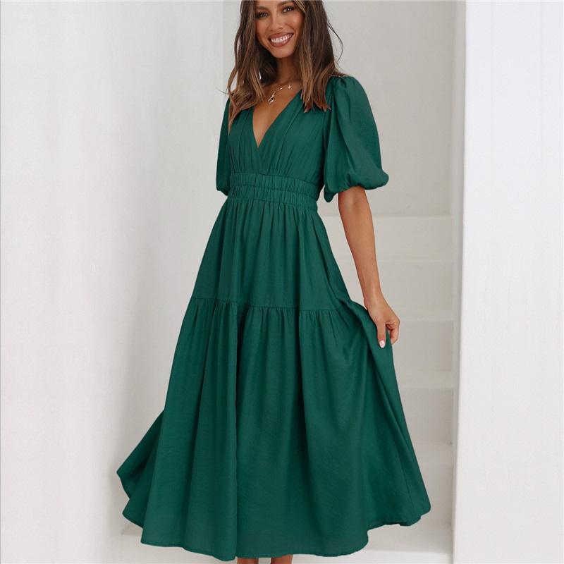 

Женское летнее платье-новинка, высококлассное, с глубоким V-образным вырезом, рукавами, талией, повседневное, пляжное, длинная юбка, европейский и американский стиль, праздничный стиль XXL зелёный