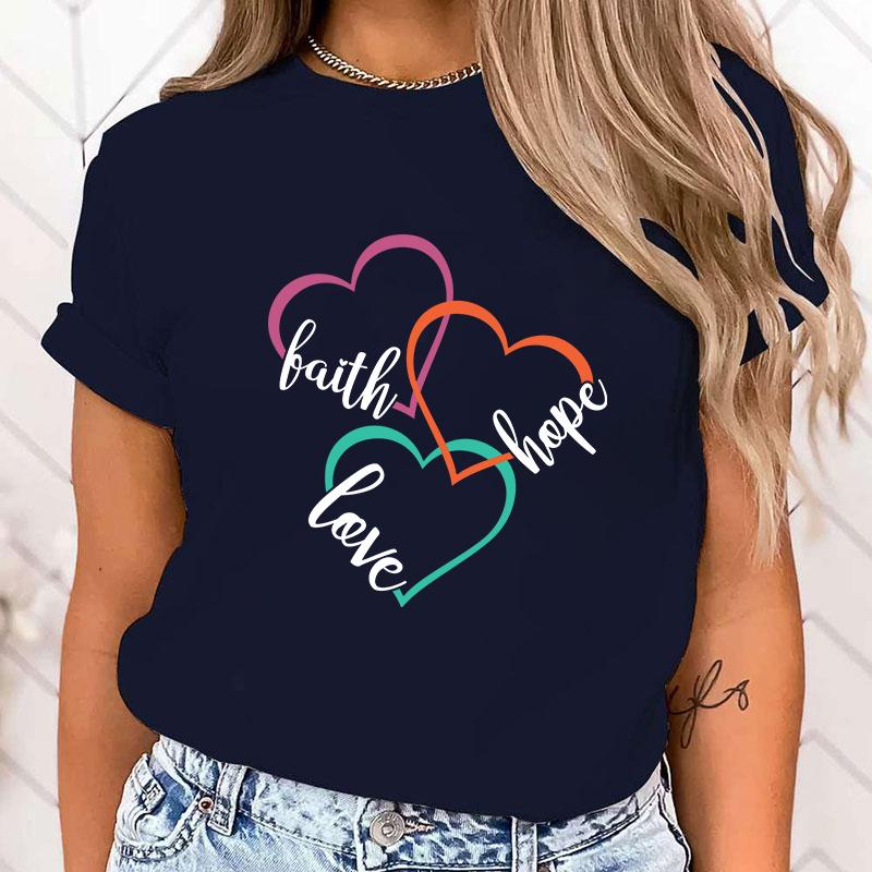 (High Quality Clothes)Funny Breast Cancer Awareness Faith Hope Love Letter Printing T-Shirts For Women Summer Tee Shirt
