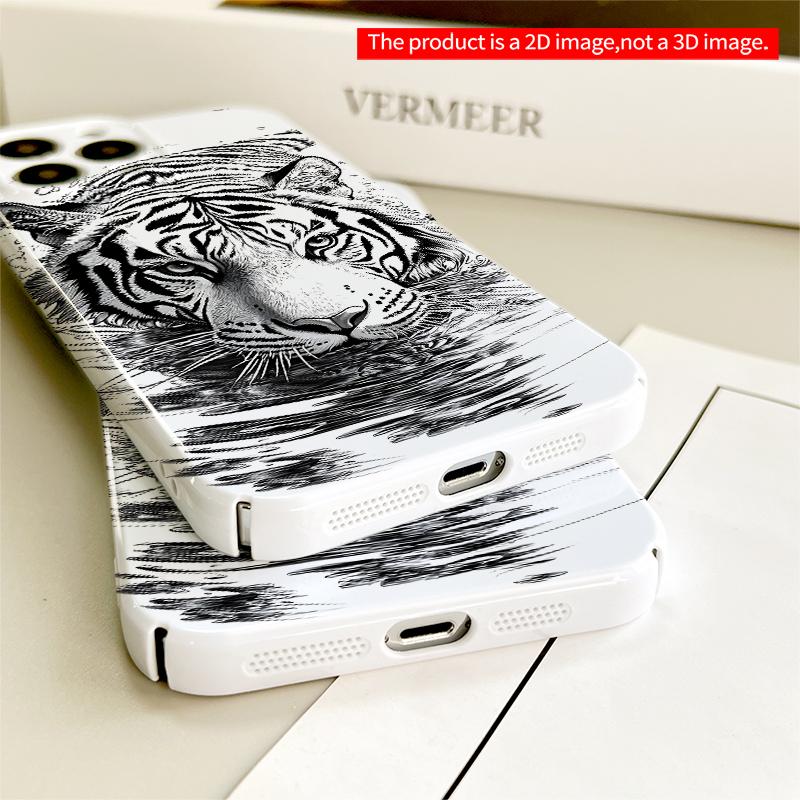 2DFlat Black and White Tiger Swimming Art Phone Case All inclusive film hard iPhone case, compatible with iPhone 18 Pro Max 17 16 15 14 13 12 11
