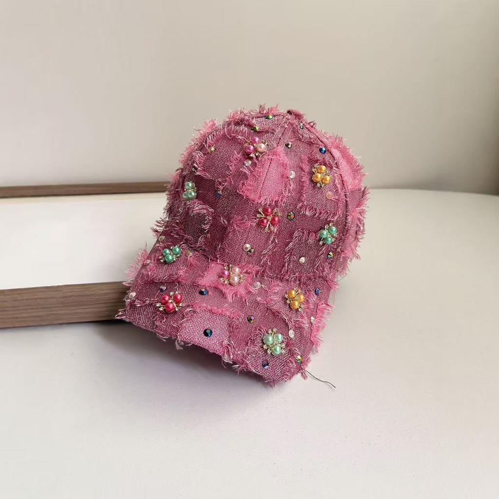 Elegant Handmade Beaded Flower Tweed Baseball Cap Women Luxury Rhinestone Pearl Dad Hat Designer Style Sun Hat
