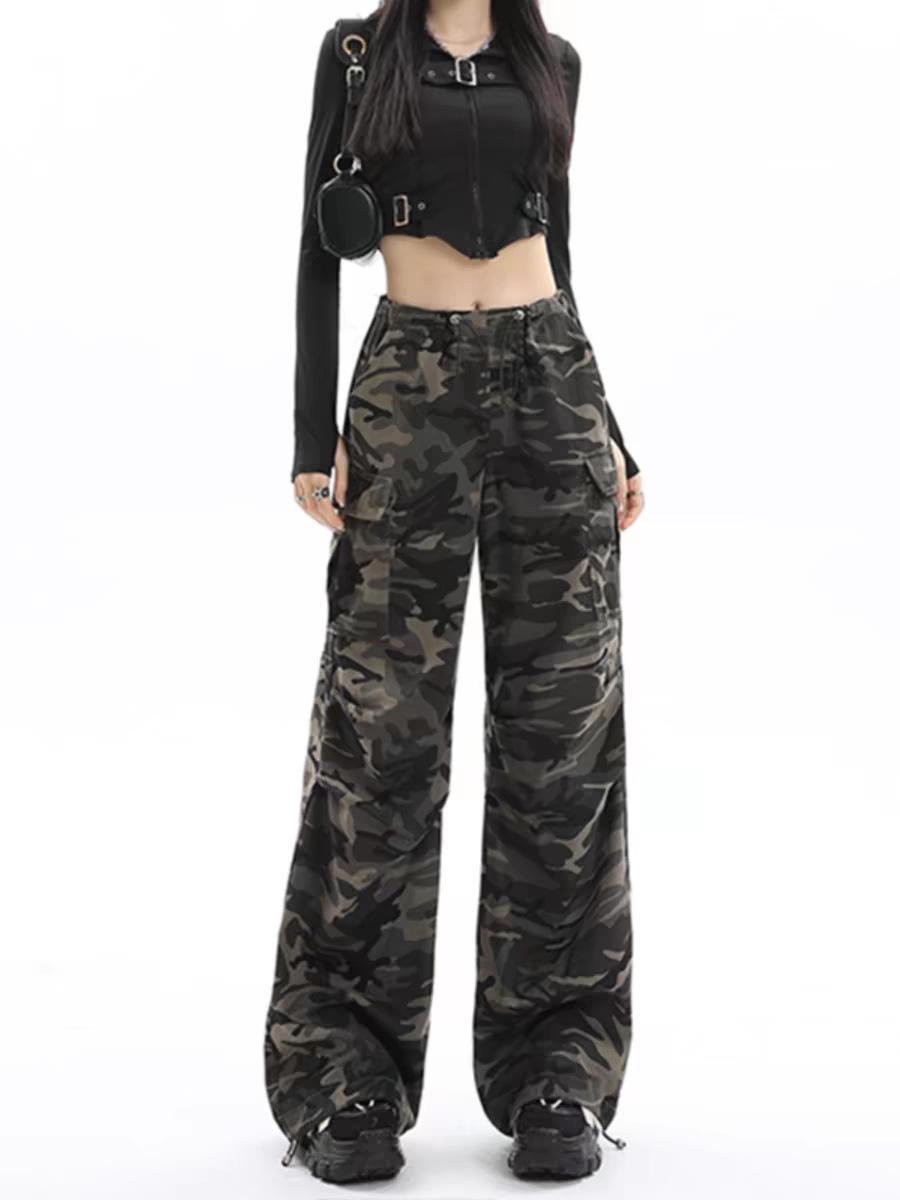 

2025 Spring Women s High Waist Camouflage Cargo Pants - American Design, Straight-Leg, Loose Fit, Trendy Wide Leg Style XXL