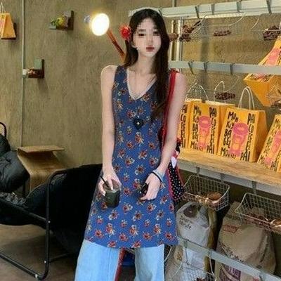 Women's Elegant French Blue Floral V-Neck Sleeveless A-Line Dress - Summer Seaside Style