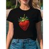T-shirt z nadrukiem truskawek, okrągły dekolt, casualowy, krótki rękaw, urocza bluzka na lato i wiosnę, odzież damska, T-shirt