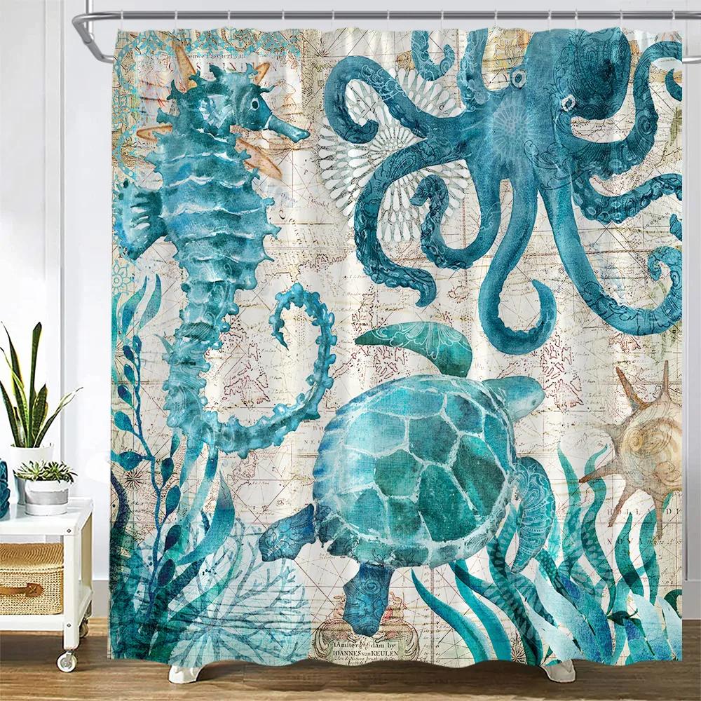 Octopus Sea Turtle Shower Curtain Watercolor Animal Dolphin Tropical Fish Coral Underwater Landscape Curtains Bathroom Decor Set