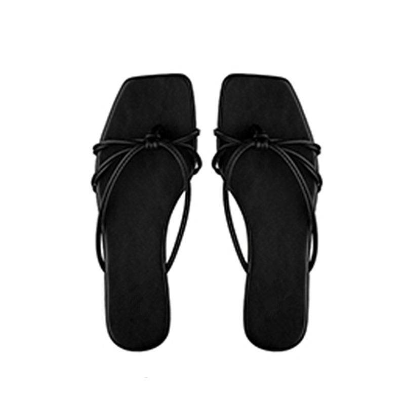 Lambskin~ Retro thin strap thick heel slippers women's summer wear simple beach pinch herringbone cool slippers