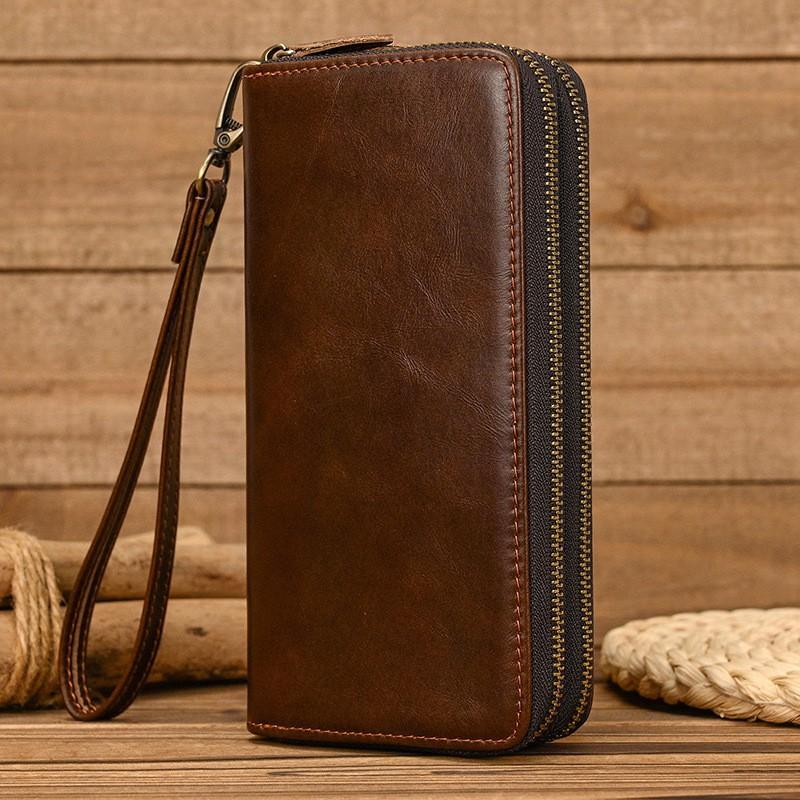 Men's Crazy Horse Leather Long Wallet Genuine Double Zipper Multi-Card Cowhide Clutch Large Capacity Phone Bag