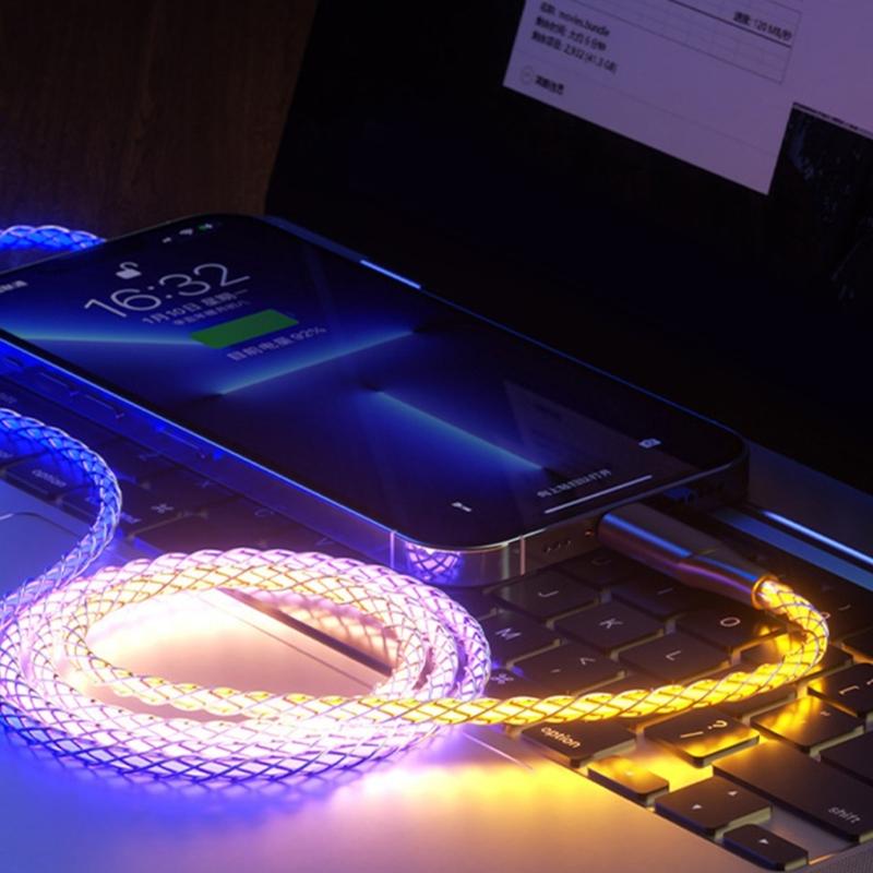 Braided Type C Charges Cable with Light Effects 66W Rapid Charges Cord 1m Length Charging Cable for Multiple Devices