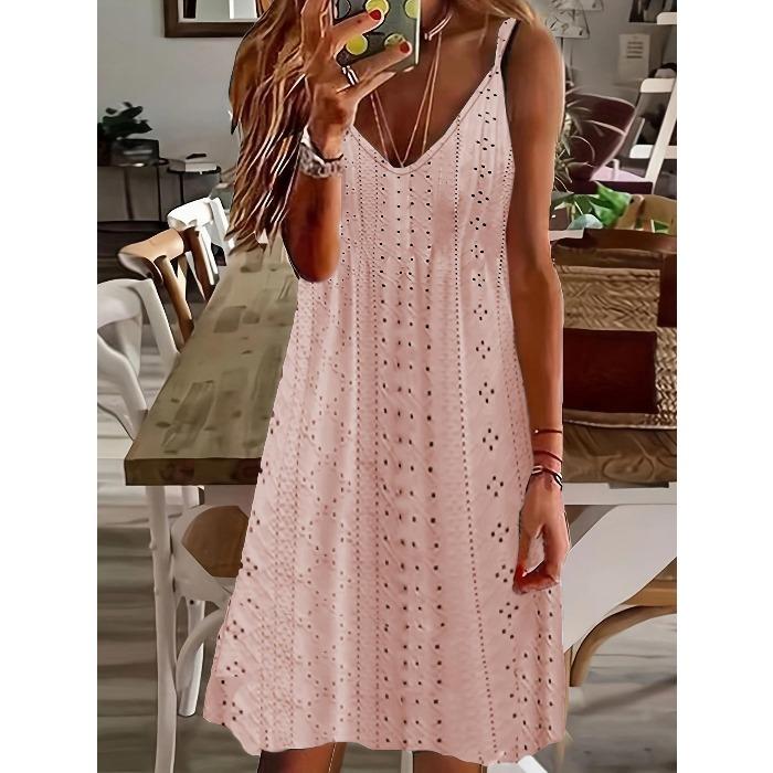 European and American women's clothing summer new hollow jacquard V-neck suspender solid color dress