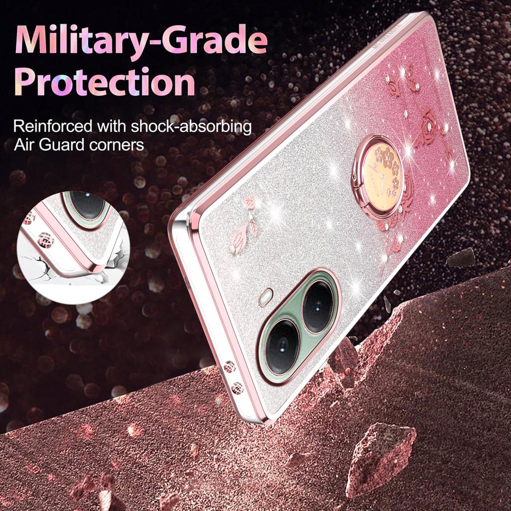 For Xiaomi Poco X7 Pro 5G/Redmi Turbo 4 5G Case Ring Kickstand TPU Flowers Phone Cover Gradient Glitter