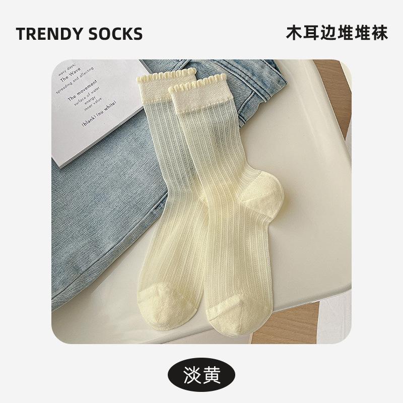Socks Summer Thin Wood Ear Edge Lace Hollow Mesh Breathable Stacking Socks College Style Versatile Medium Tube Socks