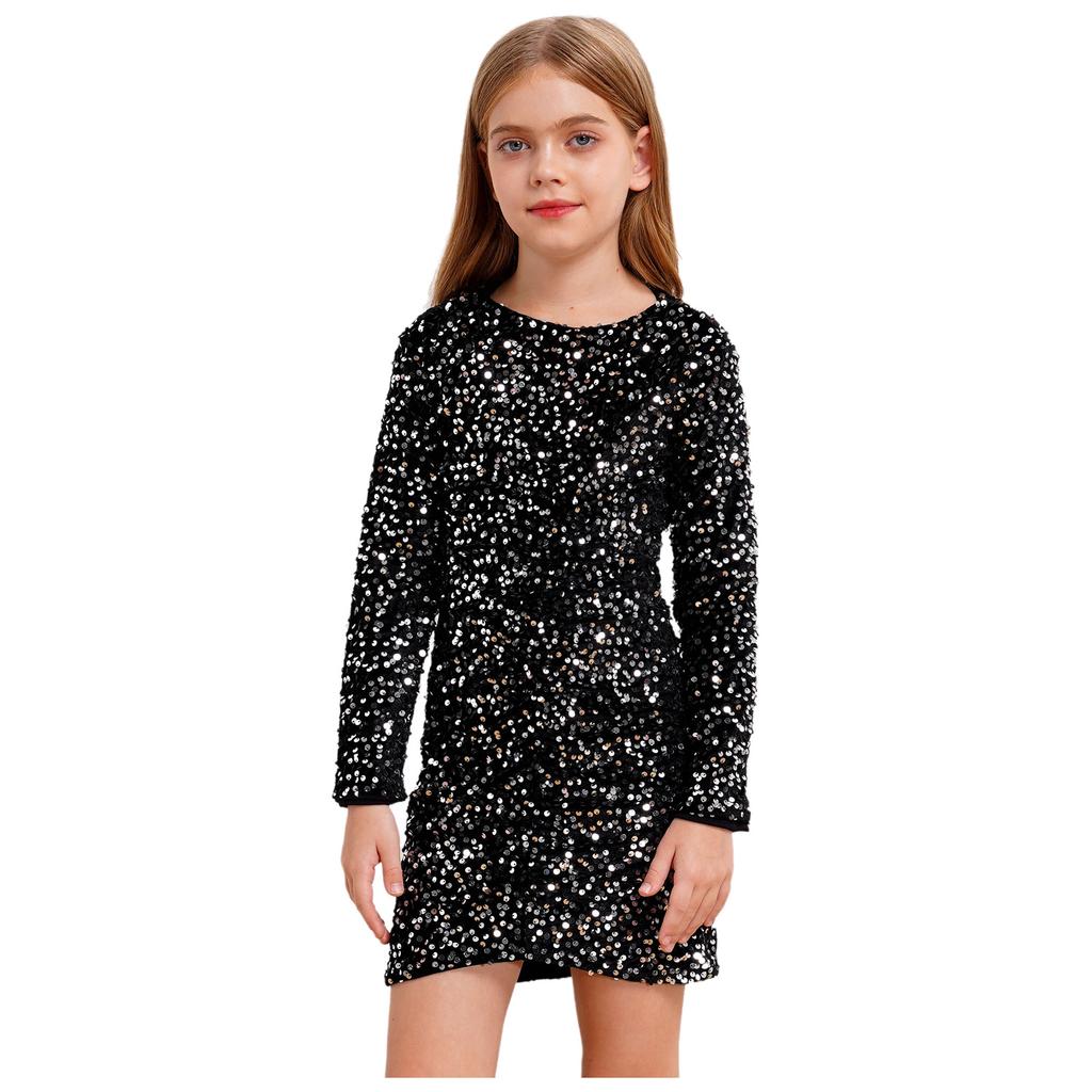 Girls Glitter Sequin Party Dress Long Sleeve Velvet Ruched Front Bodycon Gown for Birthday Prom