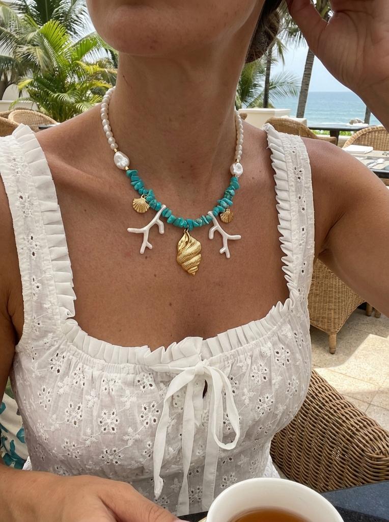 Summer Ocean Conch Shell Faux Coral Faux Pearl Beaded Necklace Beach Vacation Choker For Women