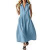 Women Sleeveless Collared Button Down Loose Fit Long Dress Casual Solid Shirt Dress with Pockets for Everyday Wear