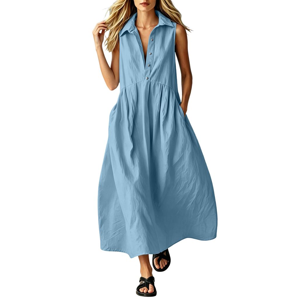 Women Sleeveless Collared Button Down Loose Fit Long Dress Casual Solid Shirt Dress with Pockets for Everyday Wear