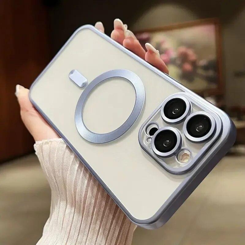 Luxury Matte Plating Frame Clear Case For IPhone 15 14 13 12 11 Pro Max Plus Magsafe Magnetic Wireless Charge Lens Protect Cover
