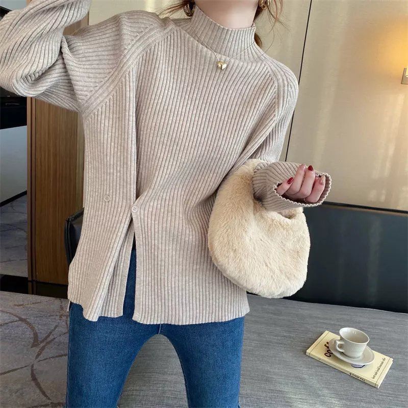 Autumn Winter Semi High Neck Knitted Base Sweater Loose Slit Button Design Thick Solid Top Pullover Sweater for Women