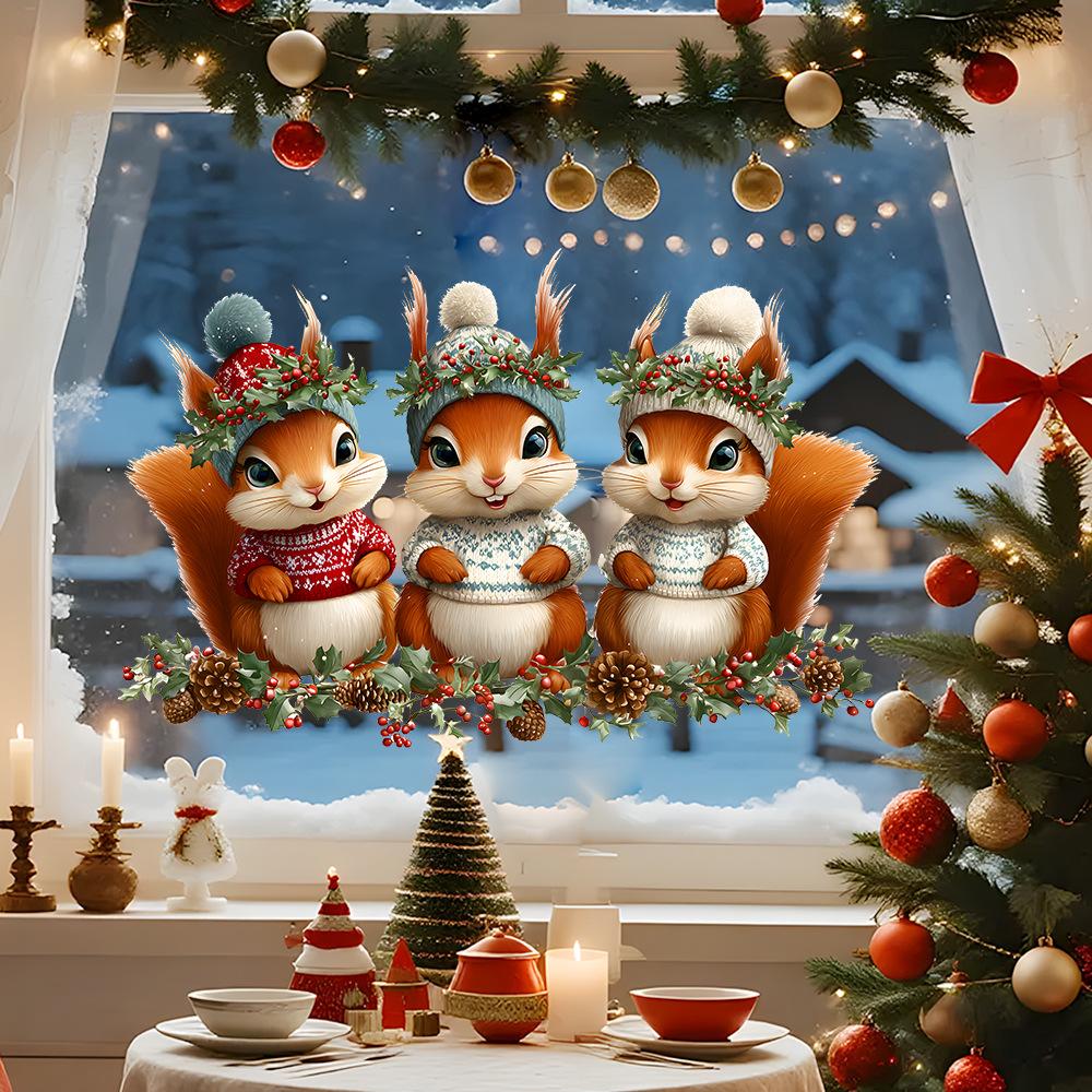 Electrostatic Cartoon Christmas Squirrel Electrostatic Adsorption Glue-free Glass Stickers Are Used for Christmas Decoration