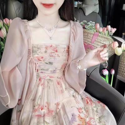 Französisches florales Sommer-Trägerkleid & Sonnenschutzhemd-Set für Damen